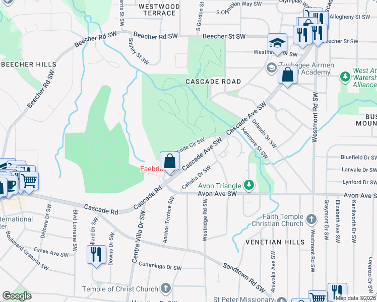 map of restaurants, bars, coffee shops, grocery stores, and more near 1086 Cascade Cir SW in Atlanta