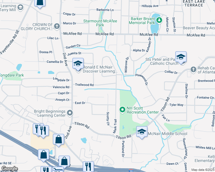 map of restaurants, bars, coffee shops, grocery stores, and more near 2139 Trailwood Road in Decatur