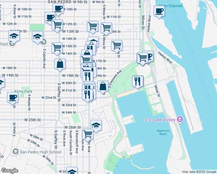 map of restaurants, bars, coffee shops, grocery stores, and more near 385 West 20th Street in Los Angeles