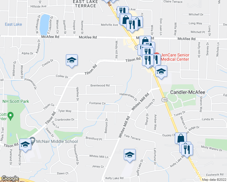 map of restaurants, bars, coffee shops, grocery stores, and more near 2203 Knoll Drive in Decatur