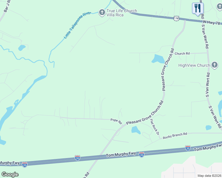map of restaurants, bars, coffee shops, grocery stores, and more near 127 Pope Road in Villa Rica