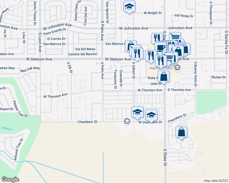 map of restaurants, bars, coffee shops, grocery stores, and more near 798 West Thornton Avenue in Hemet