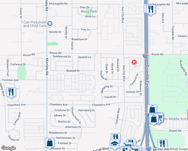 map of restaurants, bars, coffee shops, grocery stores, and more near 27250 Murrieta Road in Menifee