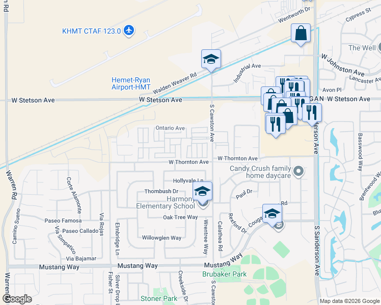 map of restaurants, bars, coffee shops, grocery stores, and more near 1295 South Cawston Avenue in Hemet