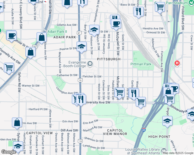 map of restaurants, bars, coffee shops, grocery stores, and more near 1078 Hobson Street Southwest in Atlanta