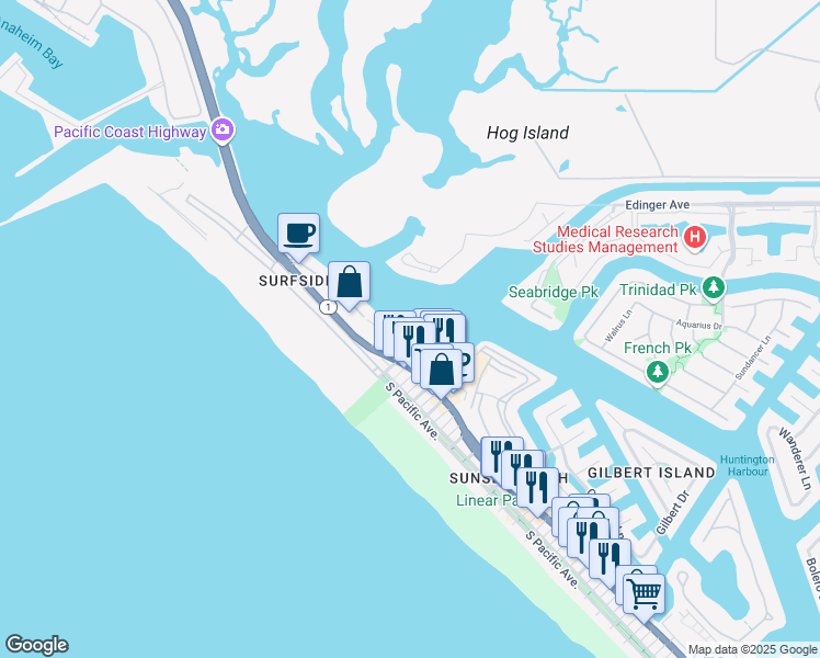 map of restaurants, bars, coffee shops, grocery stores, and more near 2861 Coast Circle in Huntington Beach