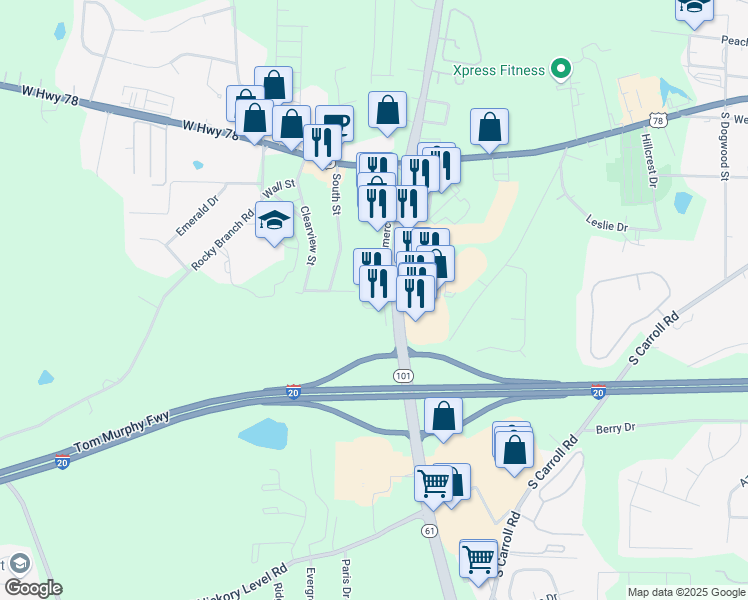 map of restaurants, bars, coffee shops, grocery stores, and more near 161 Commerce Drive in Villa Rica