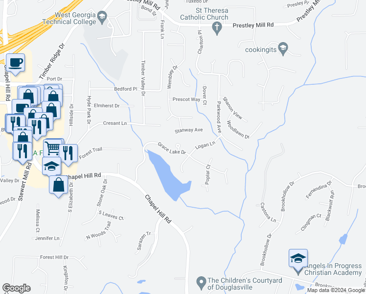 map of restaurants, bars, coffee shops, grocery stores, and more near 9396 Cresent Court in Douglasville