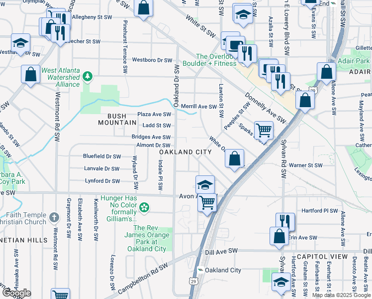 map of restaurants, bars, coffee shops, grocery stores, and more near 1177 Arlington Avenue Southwest in Atlanta