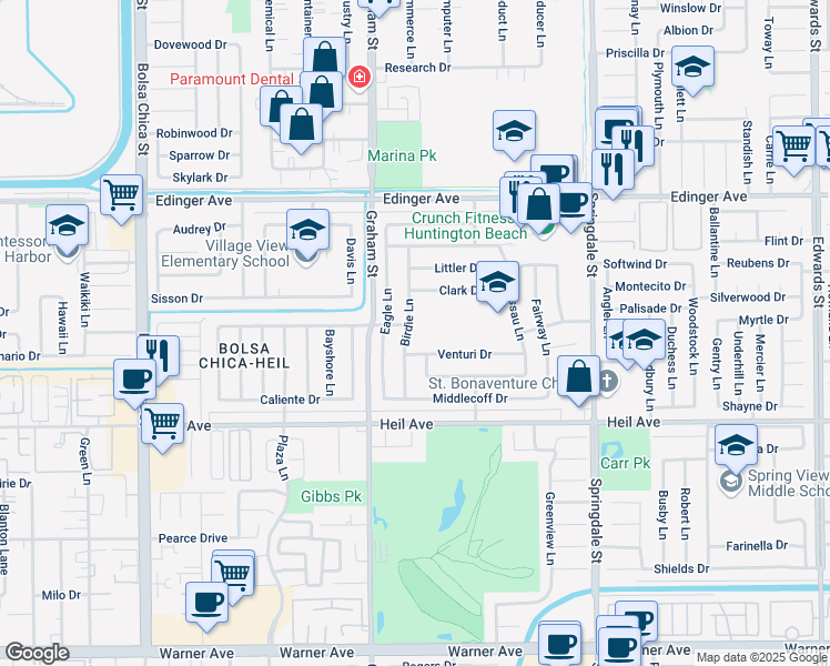 map of restaurants, bars, coffee shops, grocery stores, and more near 16262 Birdie Lane in Huntington Beach