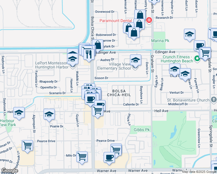 map of restaurants, bars, coffee shops, grocery stores, and more near 16444 Bolsa Chica Street in Huntington Beach