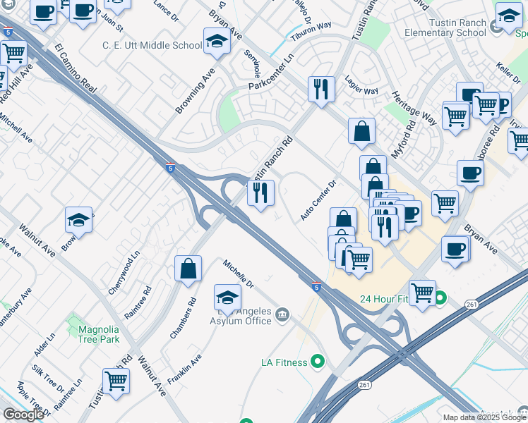 map of restaurants, bars, coffee shops, grocery stores, and more near 36 Auto Center Drive in Tustin