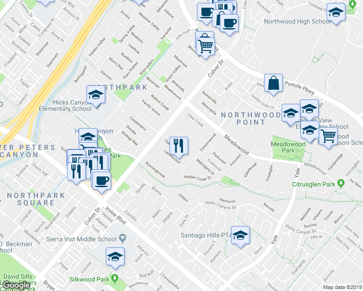 map of restaurants, bars, coffee shops, grocery stores, and more near 21 Trailwood in Irvine