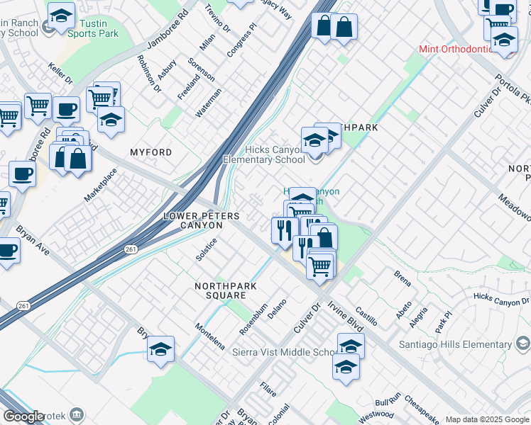 map of restaurants, bars, coffee shops, grocery stores, and more near 821 Monte Vista in Irvine