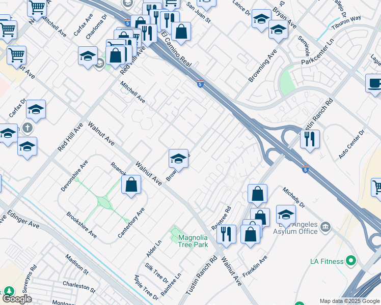 map of restaurants, bars, coffee shops, grocery stores, and more near 14261 Shadybrook Drive in Tustin