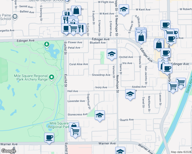 map of restaurants, bars, coffee shops, grocery stores, and more near 11337 Snowdrop Avenue in Fountain Valley