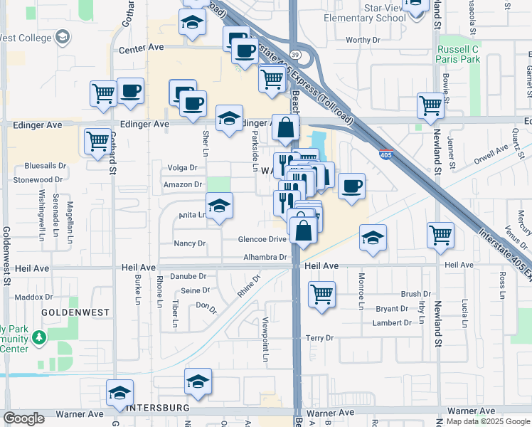 map of restaurants, bars, coffee shops, grocery stores, and more near 7802 Holt Drive in Huntington Beach