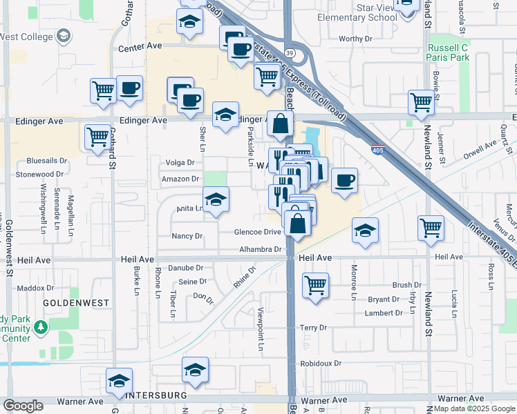 map of restaurants, bars, coffee shops, grocery stores, and more near 7802 Holt Drive in Huntington Beach