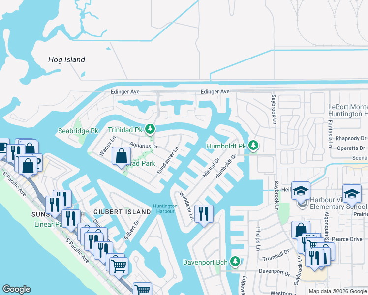 map of restaurants, bars, coffee shops, grocery stores, and more near 3822 Seascape Drive in Huntington Beach