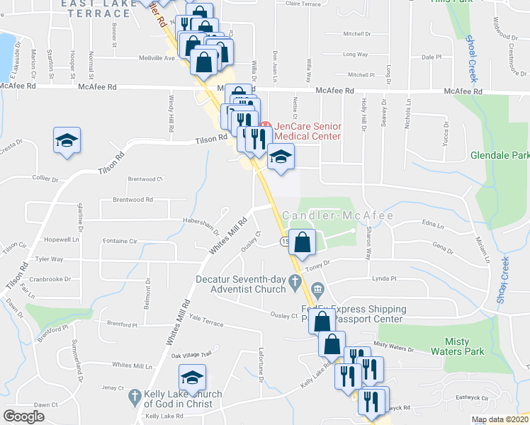 map of restaurants, bars, coffee shops, grocery stores, and more near 2062 Whites Mill Road in Decatur