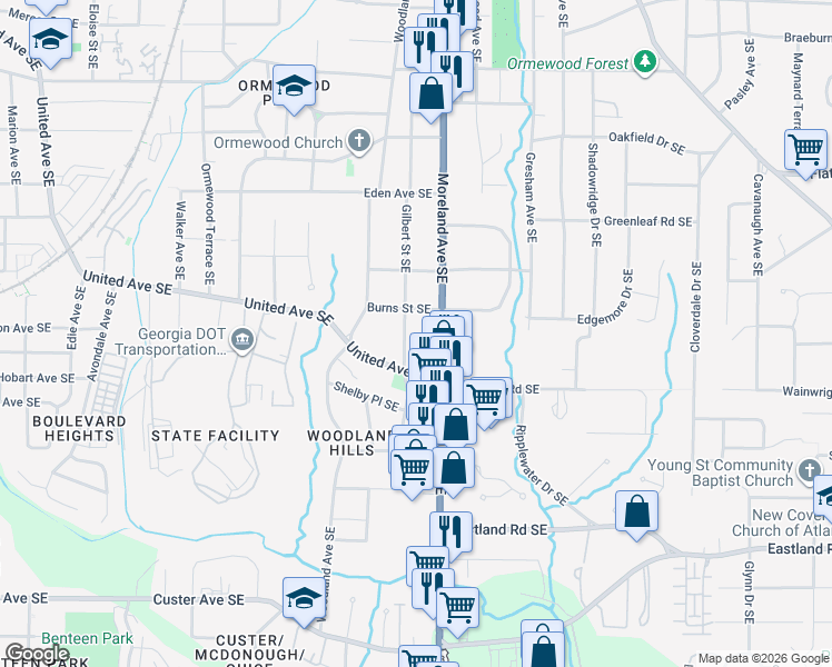 map of restaurants, bars, coffee shops, grocery stores, and more near 1062 Gilbert Street Southeast in Atlanta