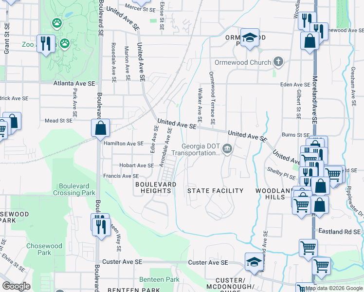 map of restaurants, bars, coffee shops, grocery stores, and more near 1085 Avondale Avenue Southeast in Atlanta