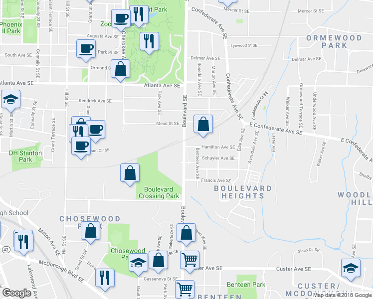 map of restaurants, bars, coffee shops, grocery stores, and more near 1052 Park Row North in Atlanta