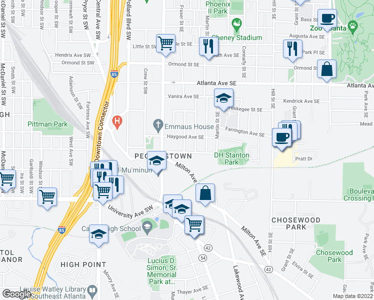 map of restaurants, bars, coffee shops, grocery stores, and more near 1043 Fern Avenue Southeast in Atlanta