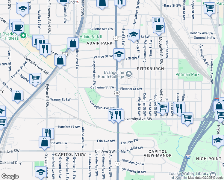 map of restaurants, bars, coffee shops, grocery stores, and more near 646 Catherine Street Southwest in Atlanta