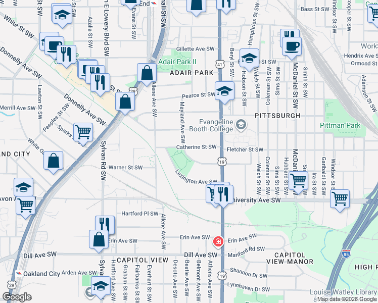 map of restaurants, bars, coffee shops, grocery stores, and more near 711 Catherine Street Southwest in Atlanta