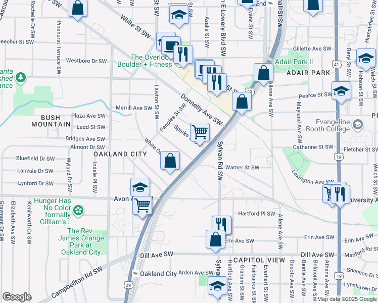 map of restaurants, bars, coffee shops, grocery stores, and more near 978 Sparks Street Southwest in Atlanta