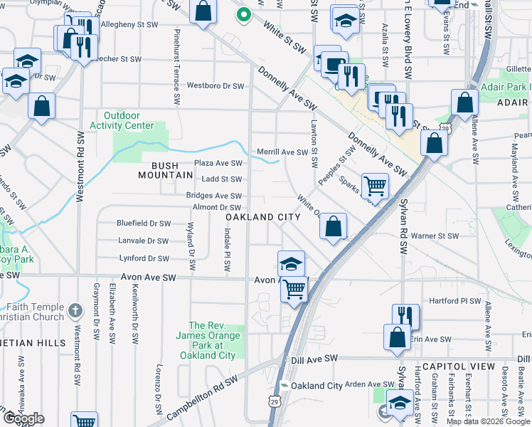 map of restaurants, bars, coffee shops, grocery stores, and more near 1142 White Oak Avenue Southwest in Atlanta