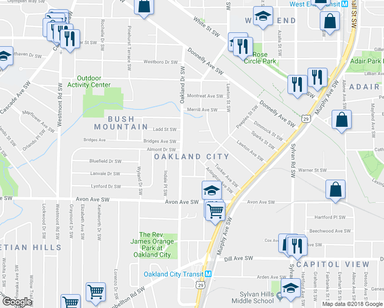 map of restaurants, bars, coffee shops, grocery stores, and more near 1177 Arlington Avenue Southwest in Atlanta