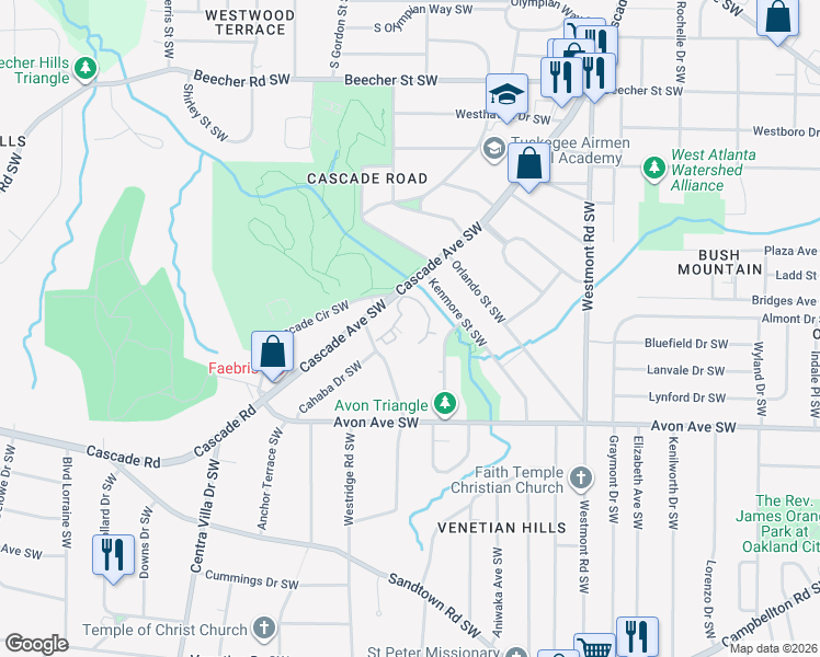 map of restaurants, bars, coffee shops, grocery stores, and more near 64 Belmonte Circle Southwest in Atlanta