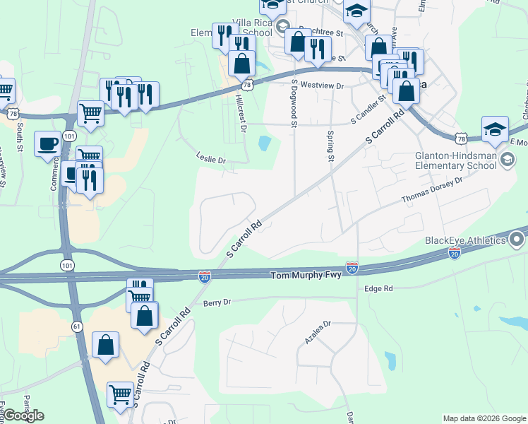 map of restaurants, bars, coffee shops, grocery stores, and more near 123 Berkley Drive in Villa Rica