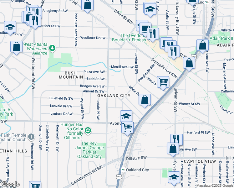 map of restaurants, bars, coffee shops, grocery stores, and more near 1169 Arlington Avenue Southwest in Atlanta