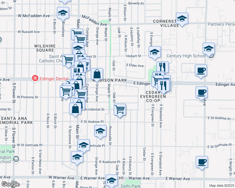 map of restaurants, bars, coffee shops, grocery stores, and more near 1610 South Minter Street in Santa Ana
