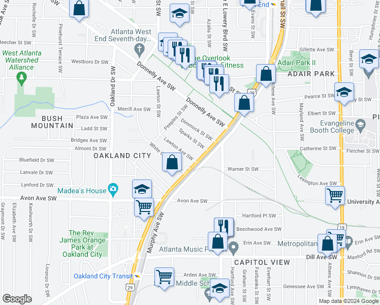 map of restaurants, bars, coffee shops, grocery stores, and more near 1009 Lawton Avenue Southwest in Atlanta