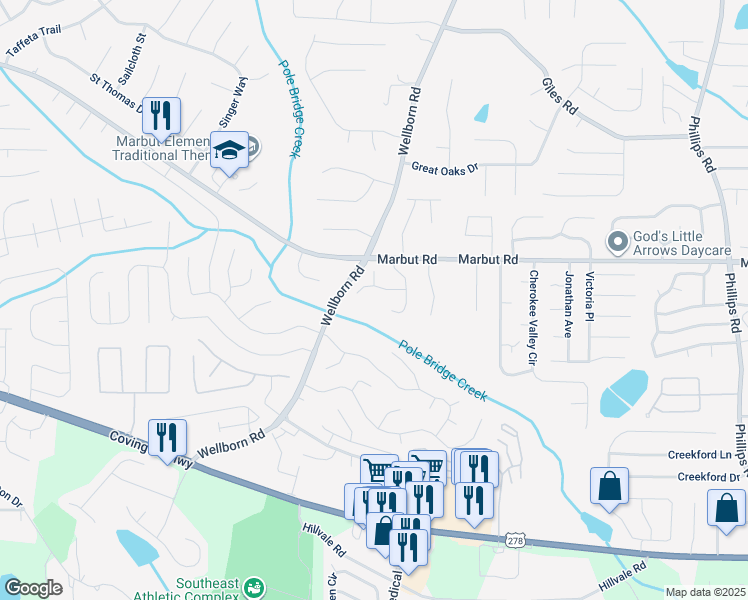 map of restaurants, bars, coffee shops, grocery stores, and more near 5923 Sara Ashley Court in Lithonia