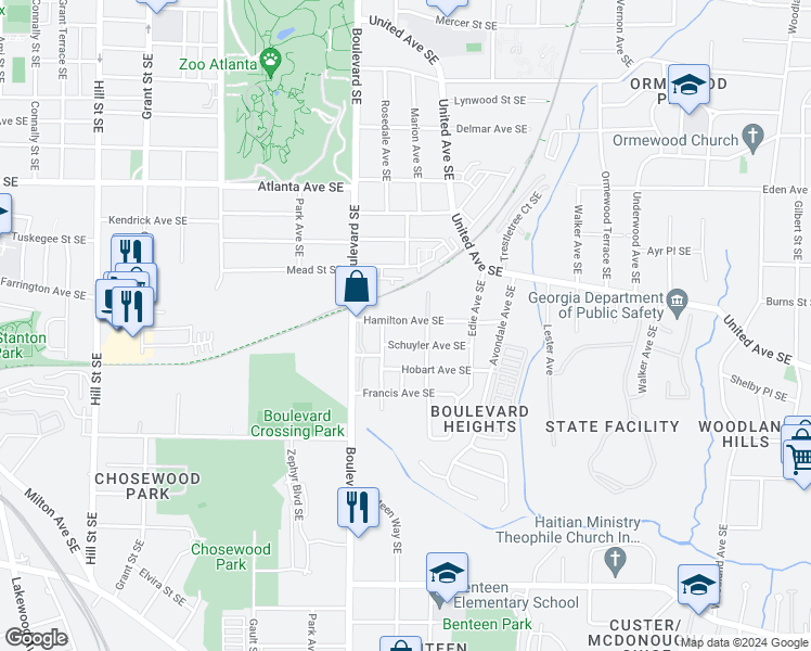map of restaurants, bars, coffee shops, grocery stores, and more near 663 Hamilton Avenue Southeast in Atlanta