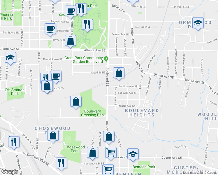map of restaurants, bars, coffee shops, grocery stores, and more near 1052 Park Row North in Atlanta