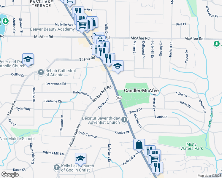 map of restaurants, bars, coffee shops, grocery stores, and more near 2062 Whites Mill Road in Decatur