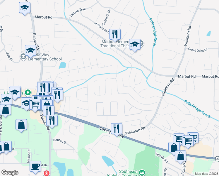 map of restaurants, bars, coffee shops, grocery stores, and more near 2374 Wellborn Hills Court in Lithonia