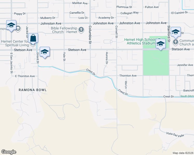 map of restaurants, bars, coffee shops, grocery stores, and more near Crest Drive in Hemet