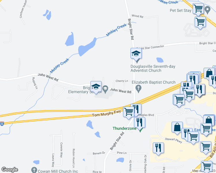 map of restaurants, bars, coffee shops, grocery stores, and more near 6283 John West Road in Douglasville