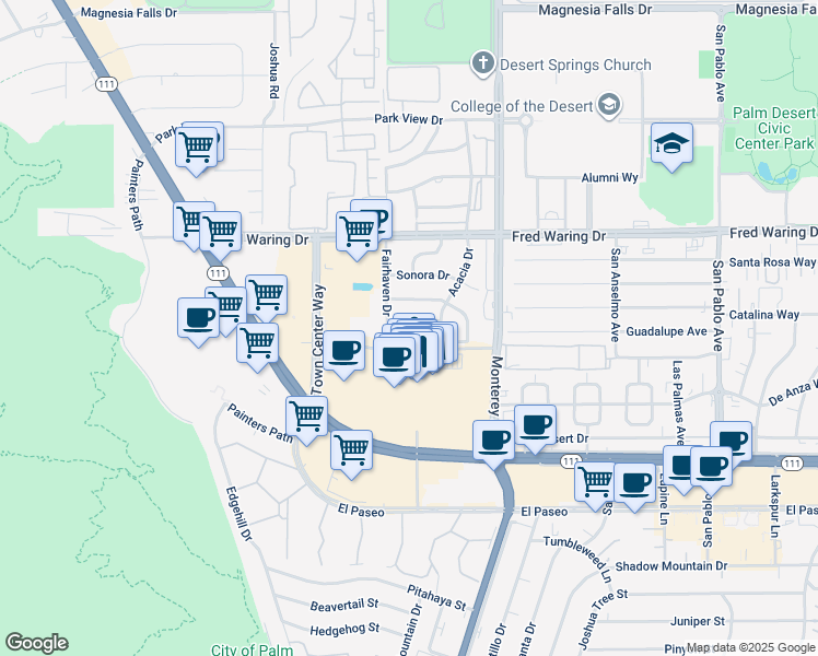 map of restaurants, bars, coffee shops, grocery stores, and more near 72787 Tampico Drive in Palm Desert