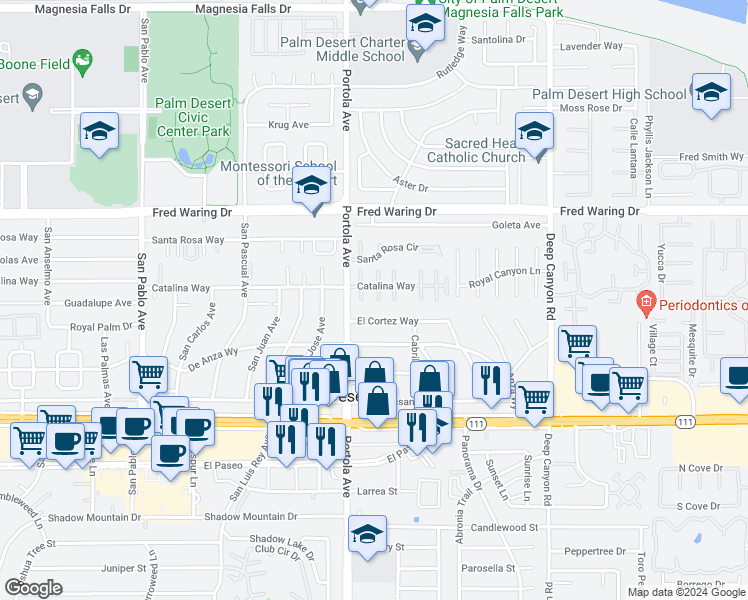 map of restaurants, bars, coffee shops, grocery stores, and more near 74067 Catalina Way in Palm Desert