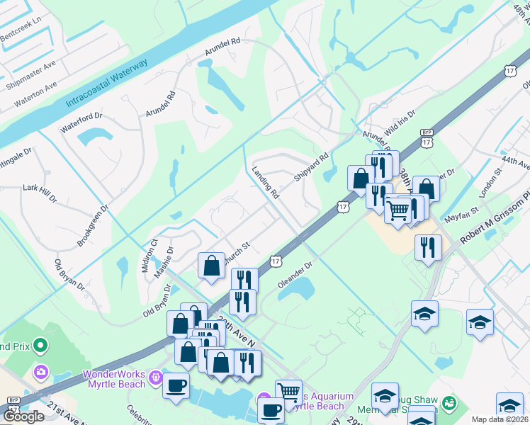 map of restaurants, bars, coffee shops, grocery stores, and more near 1580 Victoria Lane in Myrtle Beach