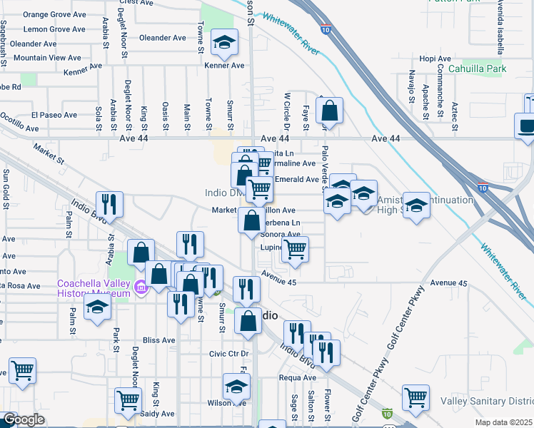 map of restaurants, bars, coffee shops, grocery stores, and more near 83057 Dillon Avenue in Indio