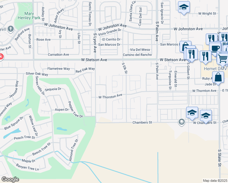 map of restaurants, bars, coffee shops, grocery stores, and more near 1268 Granite Drive in Hemet